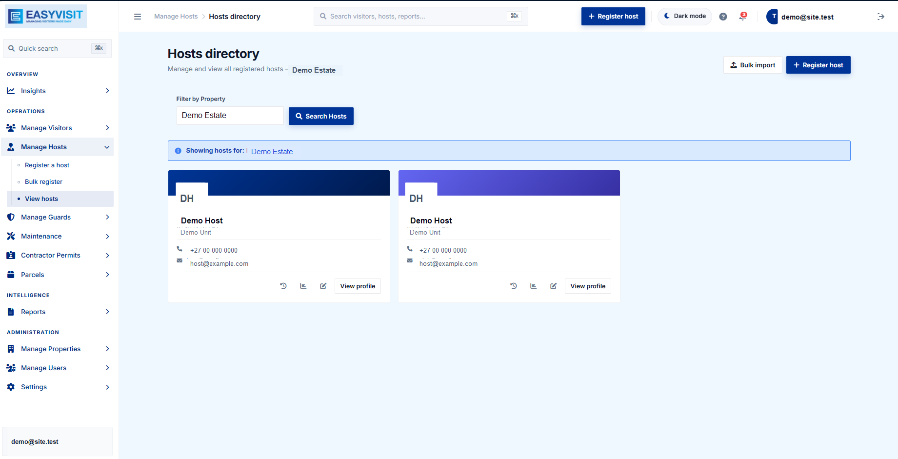 EasyVisit Hosts directory screenshot