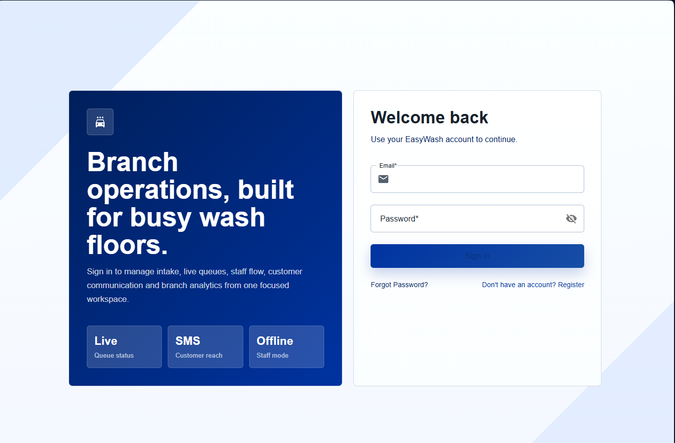 EasyWash Branch login screenshot