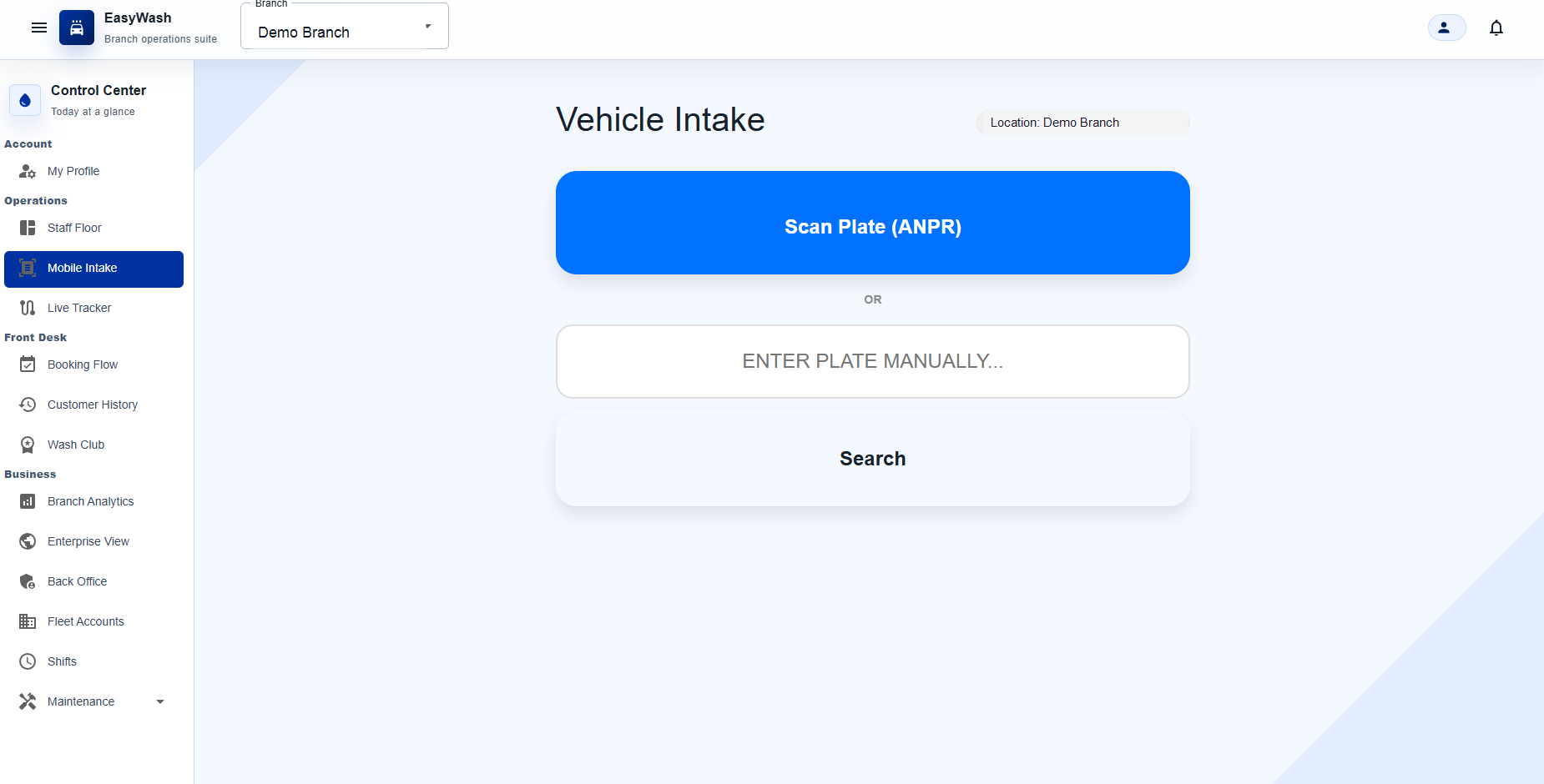 EasyWash Mobile intake screenshot